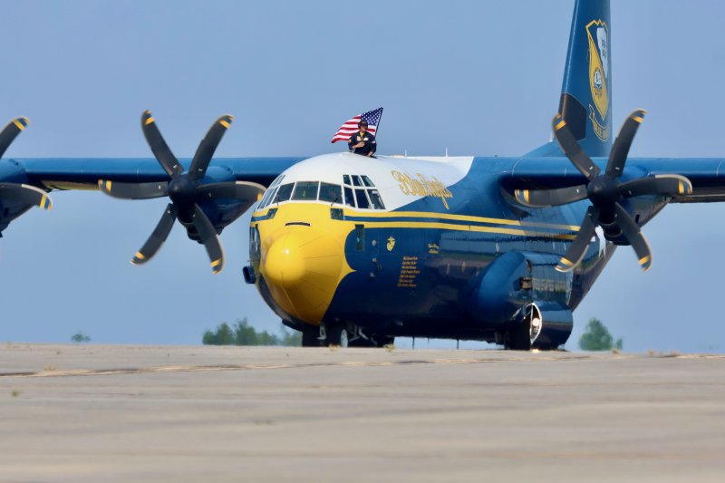The Blue Angels’ C-130, affectionately named “Fat Albert,” taxis into parking at NASA Wallops Island, Va., June 11. “Fat Albert” is always first to arrive at an air show site because it brings in the maintainers and equipment needed for the F/A-18 Super Hornets.